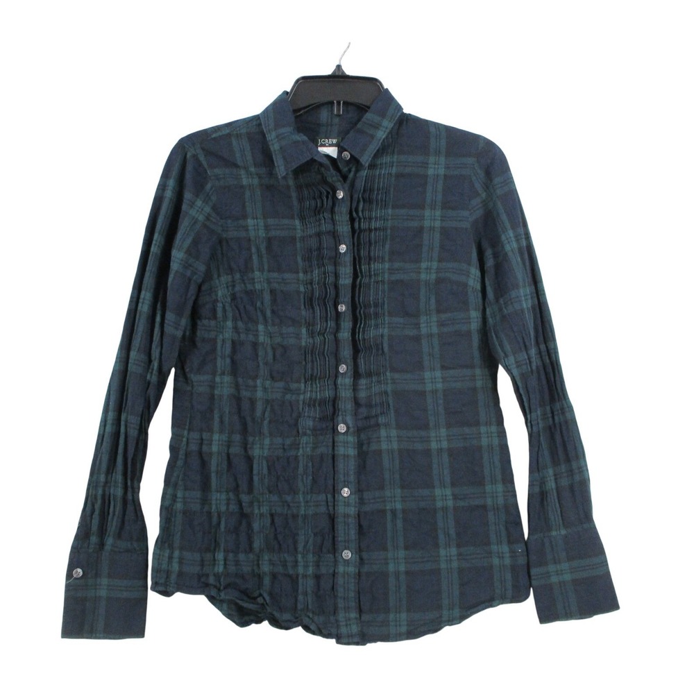 J. Crew Womens XS Black Watch Plaid Pintuck Pleated Button Down Shirt Navy Green